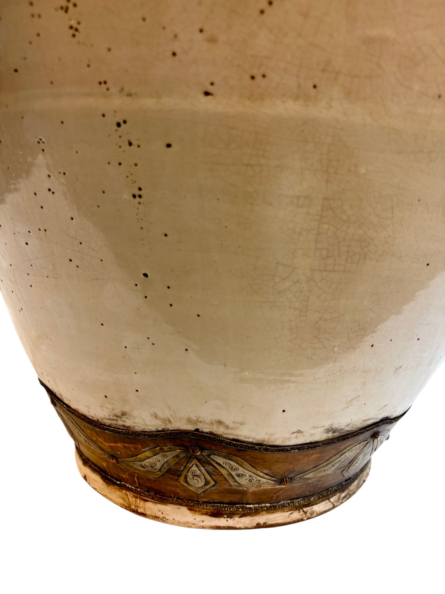 Large Moroccan Cream-Glazed Open Planter with Brass &amp; Copper Metalwork Band
