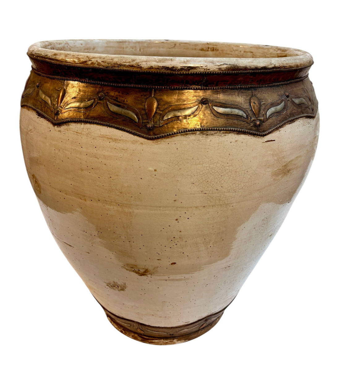 Moroccan Cream-Glazed Open Planter with Brass Leaf Metalwork Band