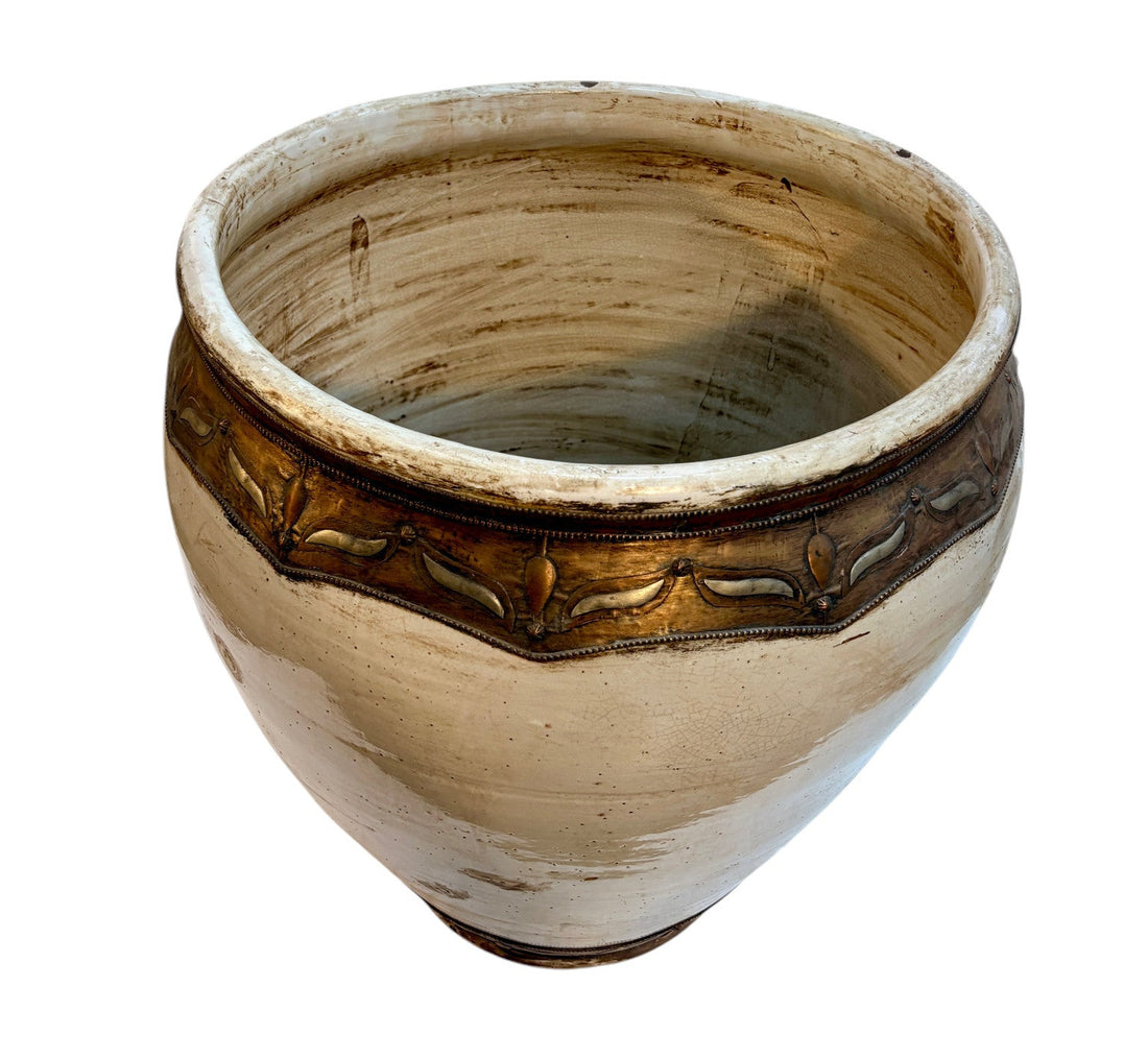 Moroccan Cream-Glazed Open Planter with Brass Leaf Metalwork Band