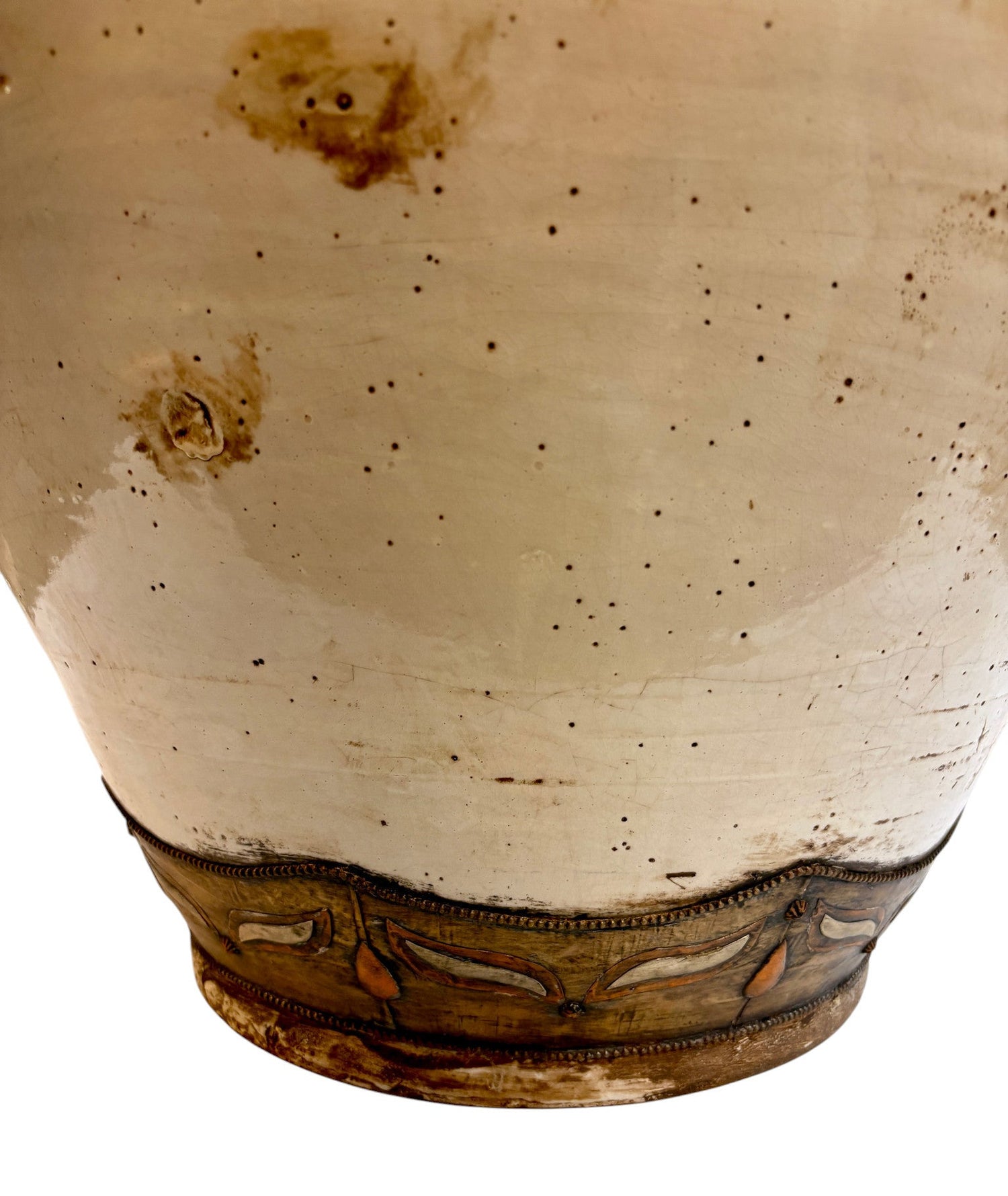 Moroccan Cream-Glazed Open Planter with Brass Leaf Metalwork Band