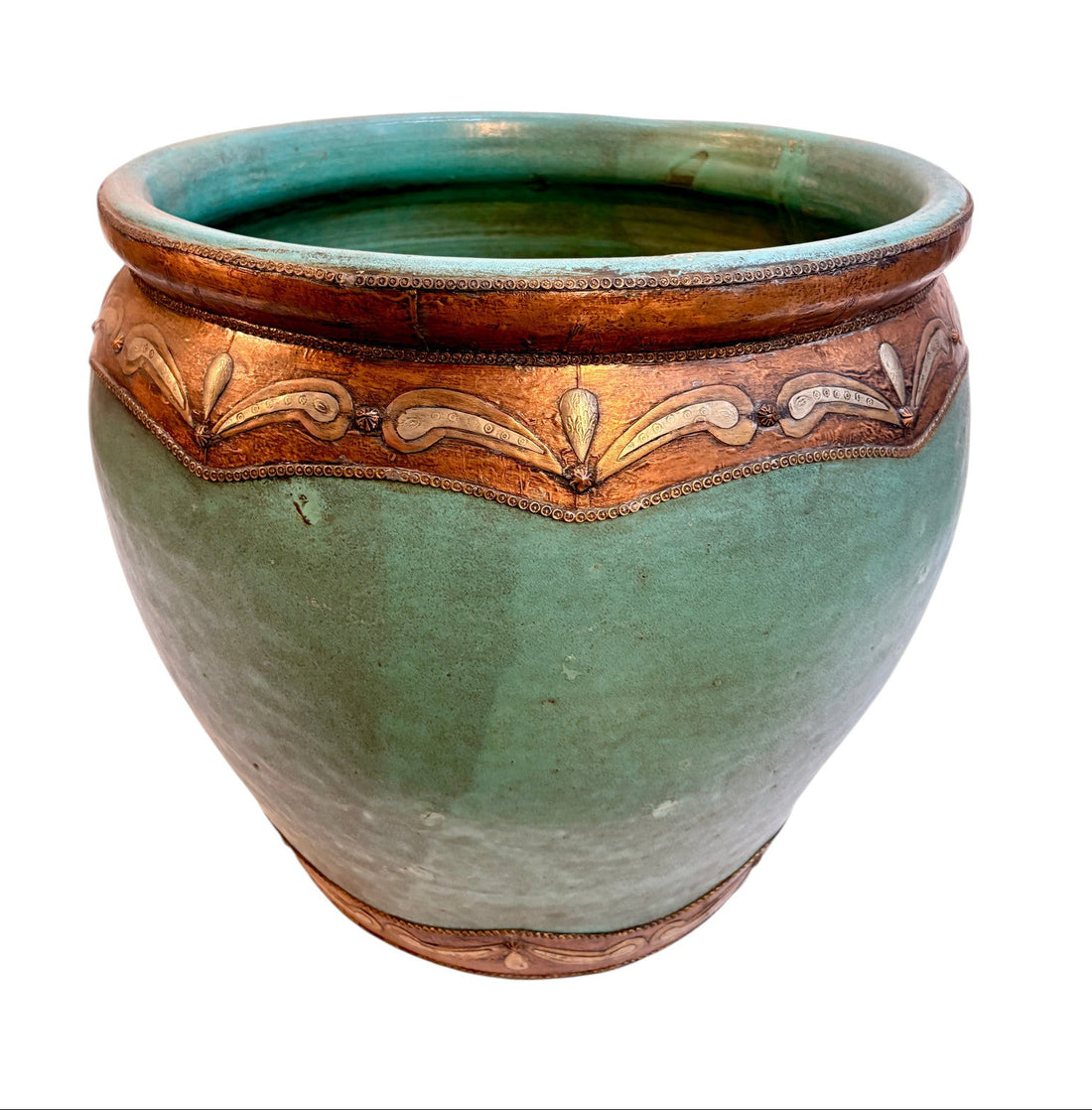 Large Moroccan Sage Green-Glazed Open Planter with Copper Metalwork Band