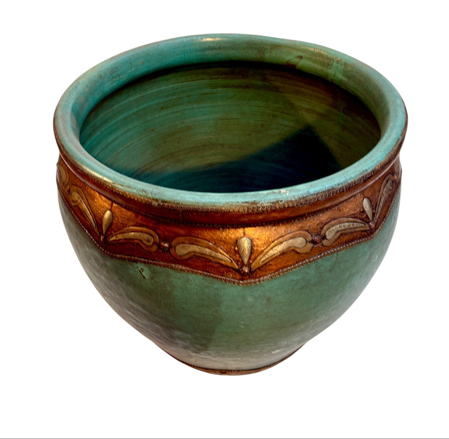 Large Moroccan Sage Green-Glazed Open Planter with Copper Metalwork Band