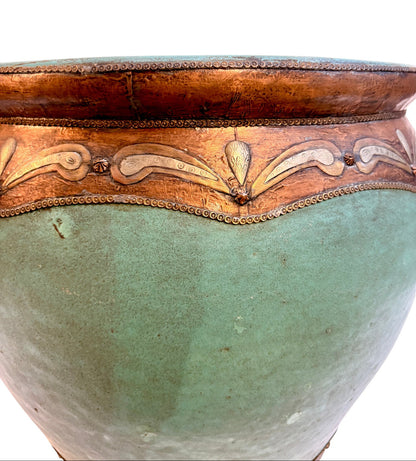 Large Moroccan Sage Green-Glazed Open Planter with Copper Metalwork Band