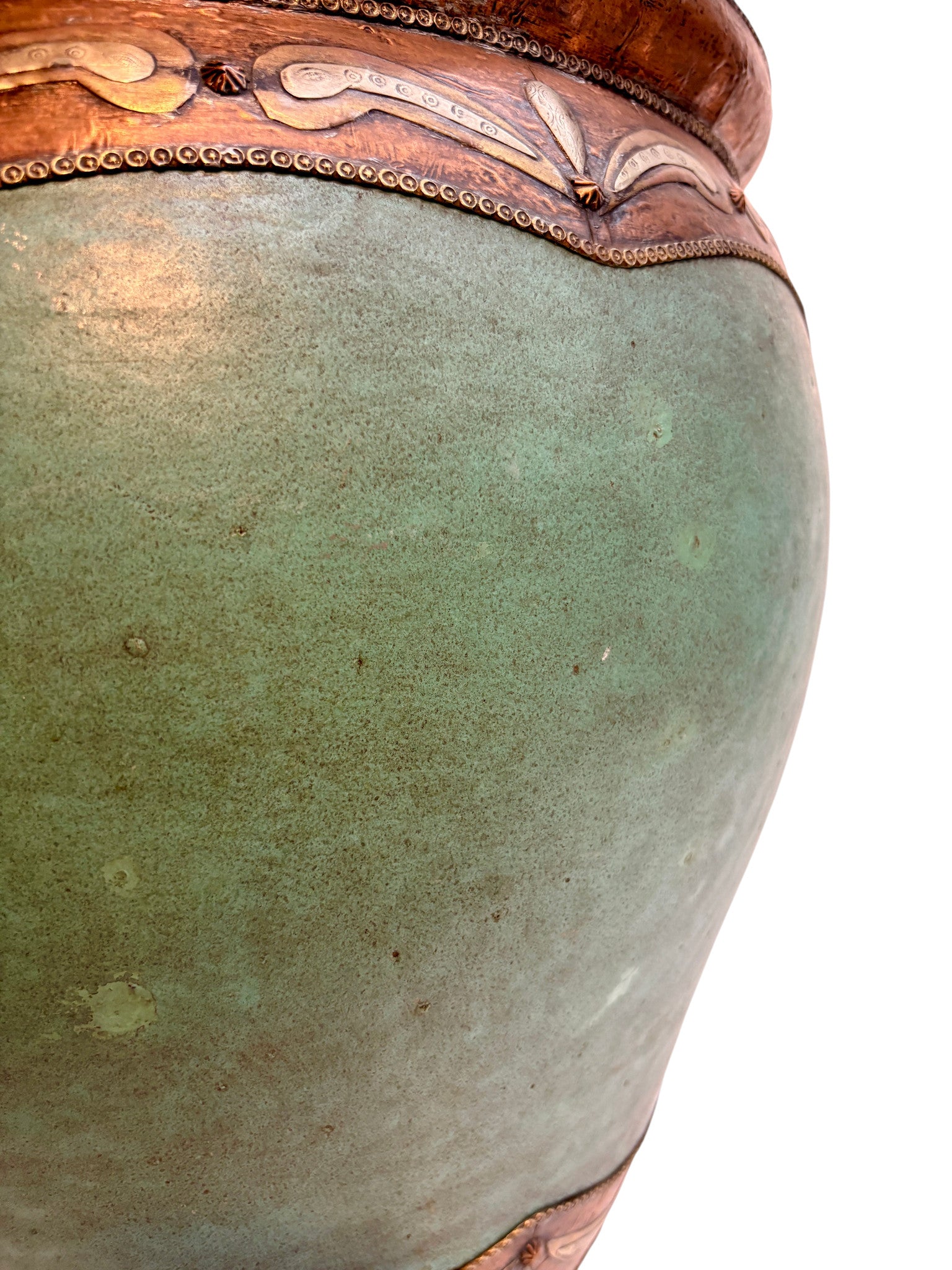 Large Moroccan Sage Green-Glazed Open Planter with Copper Metalwork Band