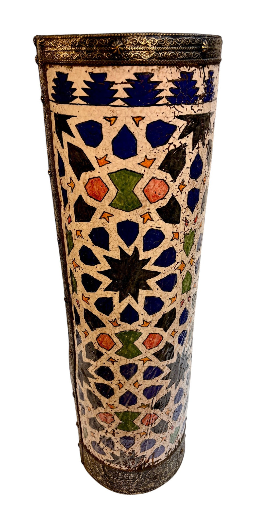 Moroccan Hand-Painted Polychrome Star Lattice Umbrella Stand with Brass Rims