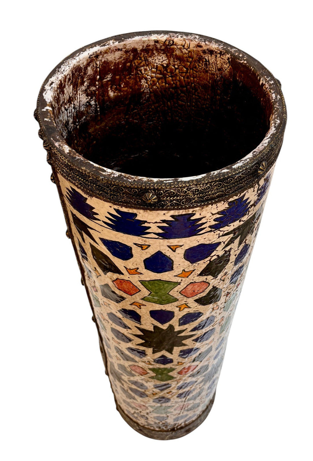 Moroccan Hand-Painted Polychrome Star Lattice Umbrella Stand with Brass Rims