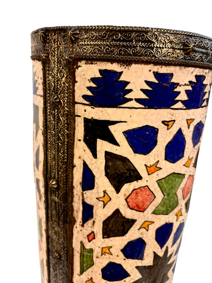 Moroccan Hand-Painted Polychrome Star Lattice Umbrella Stand with Brass Rims