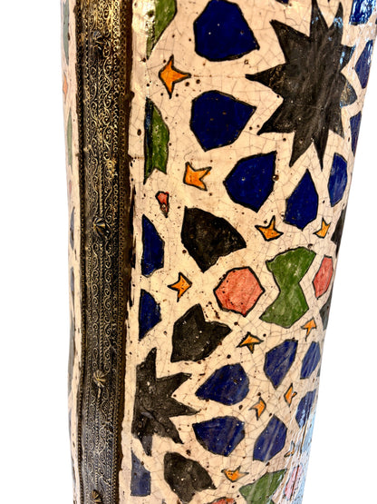 Moroccan Hand-Painted Polychrome Star Lattice Umbrella Stand with Brass Rims