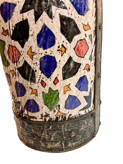 Moroccan Hand-Painted Polychrome Star Lattice Umbrella Stand with Brass Rims