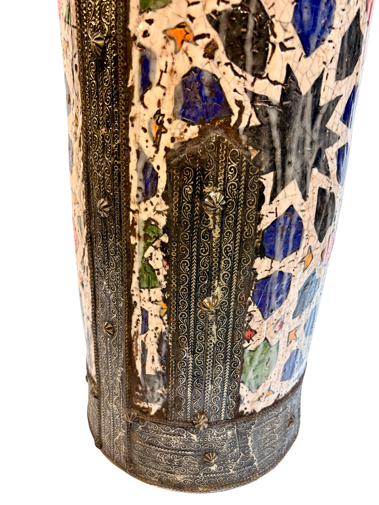 Moroccan Hand-Painted Polychrome Star Lattice Umbrella Stand with Brass Rims