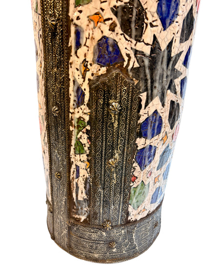 Moroccan Hand-Painted Polychrome Star Lattice Umbrella Stand with Brass Rims
