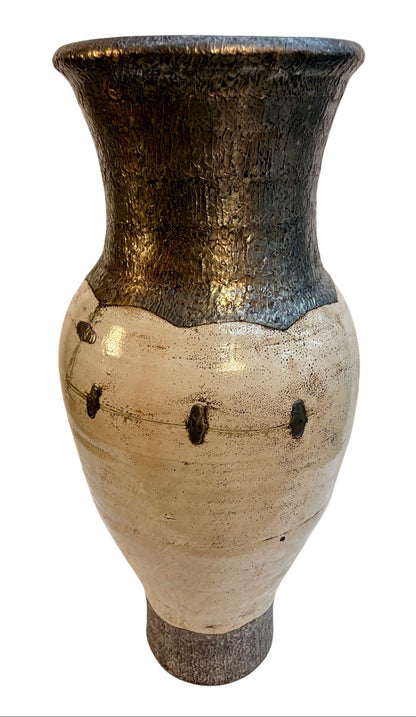 Tall Moroccan Cream &amp; Bronze Metalwork Open Floor Vase with Riveted Waist