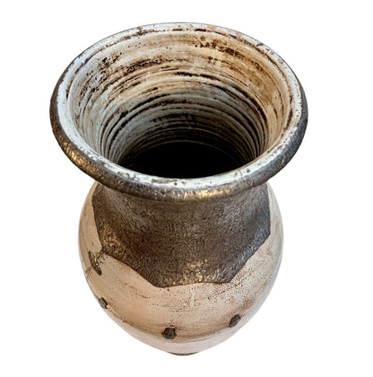 Tall Moroccan Cream &amp; Bronze Metalwork Open Floor Vase with Riveted Waist