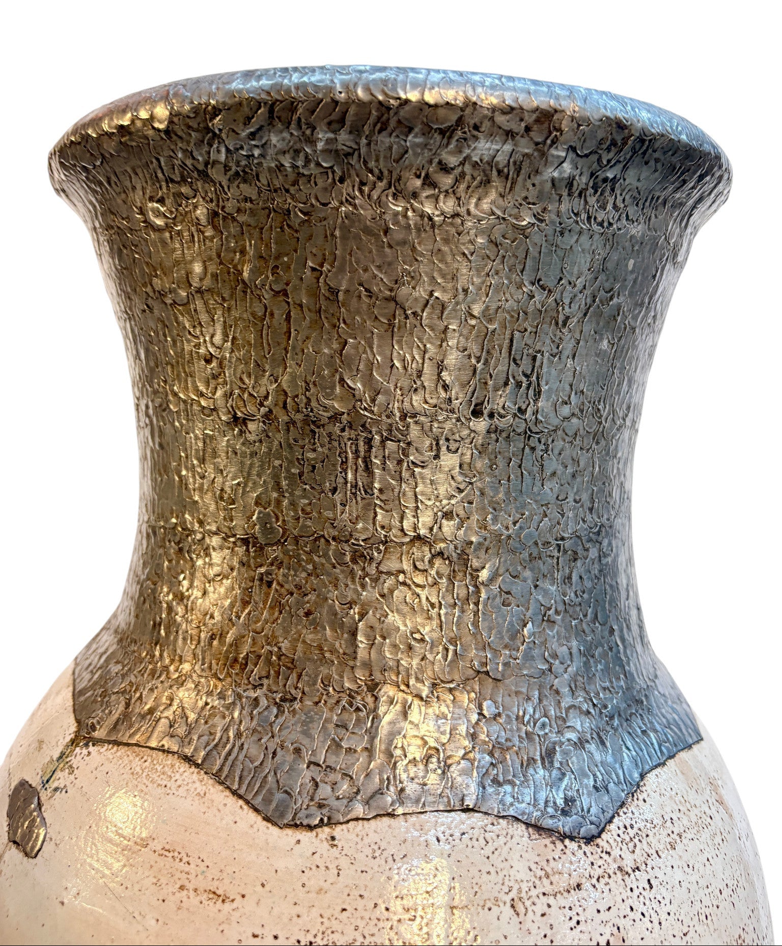 Tall Moroccan Cream &amp; Bronze Metalwork Open Floor Vase with Riveted Waist