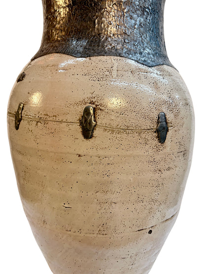 Tall Moroccan Cream &amp; Bronze Metalwork Open Floor Vase with Riveted Waist