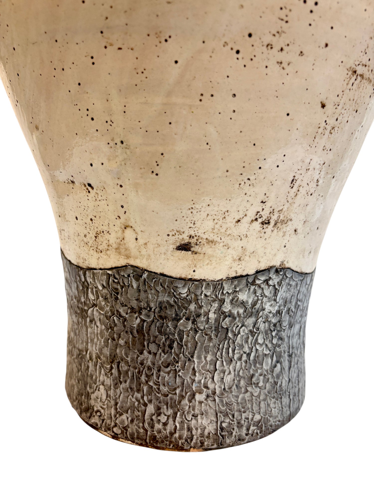 Tall Moroccan Cream &amp; Bronze Metalwork Open Floor Vase with Riveted Waist