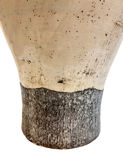Tall Moroccan Cream &amp; Bronze Metalwork Open Floor Vase with Riveted Waist