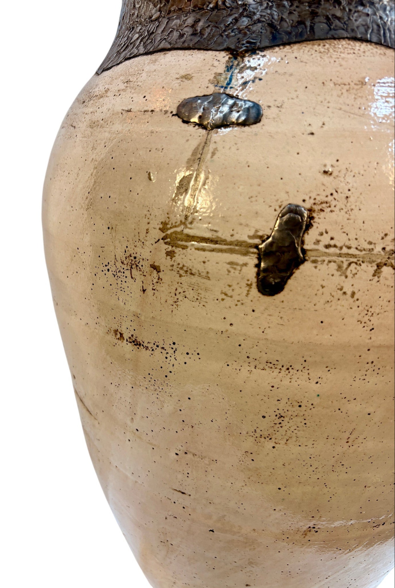 Tall Moroccan Cream &amp; Bronze Metalwork Open Floor Vase with Riveted Waist