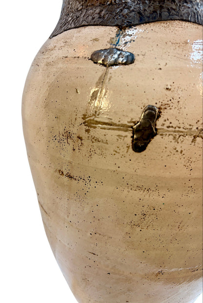 Tall Moroccan Cream &amp; Bronze Metalwork Open Floor Vase with Riveted Waist