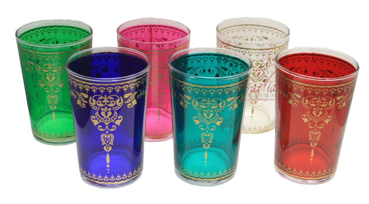 Moroccan Multi-Color Tea Glass Set with Gold Motif