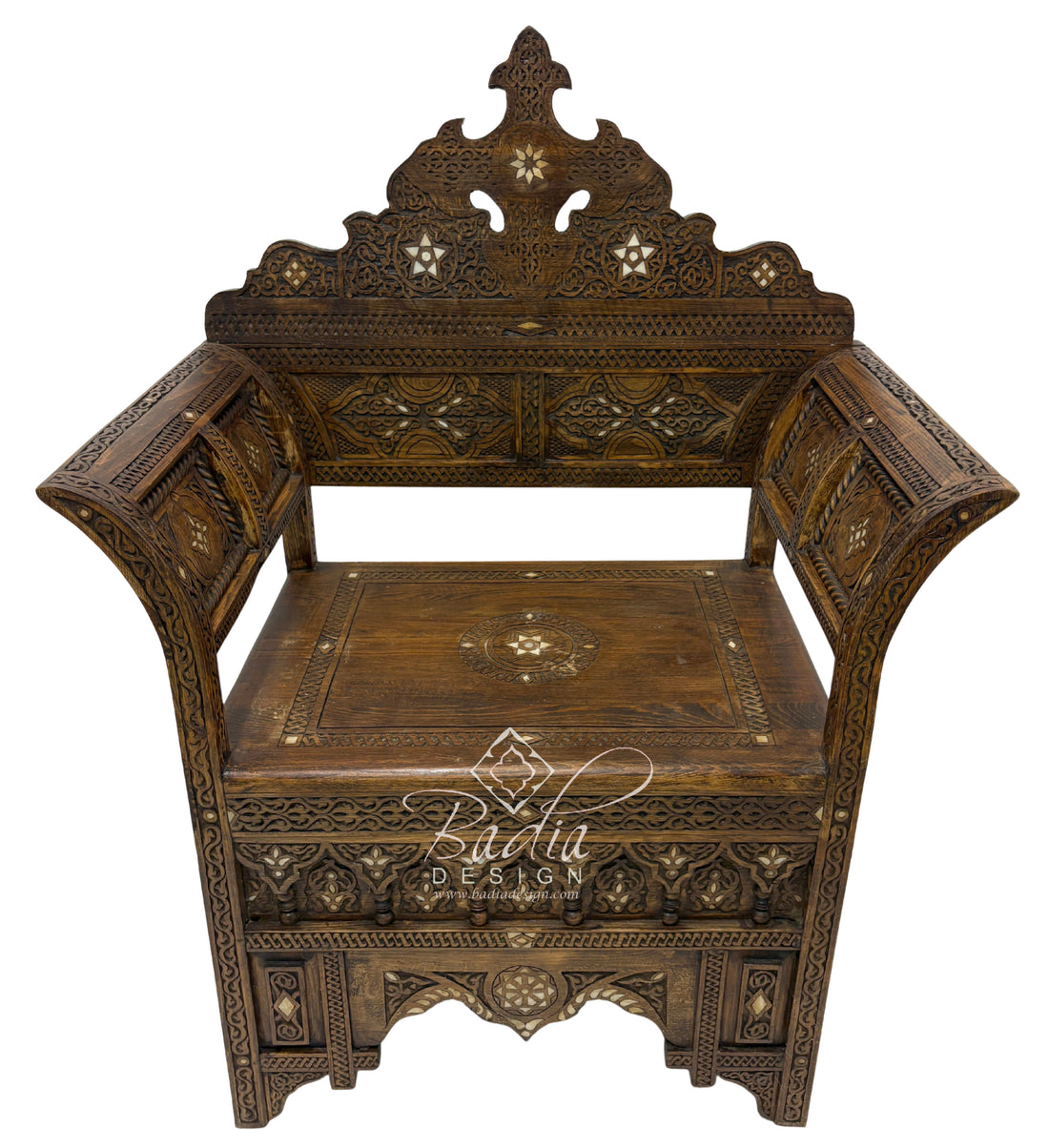 Moroccan Hand Carved Wooden Chair with Mother of Pearl Inlay