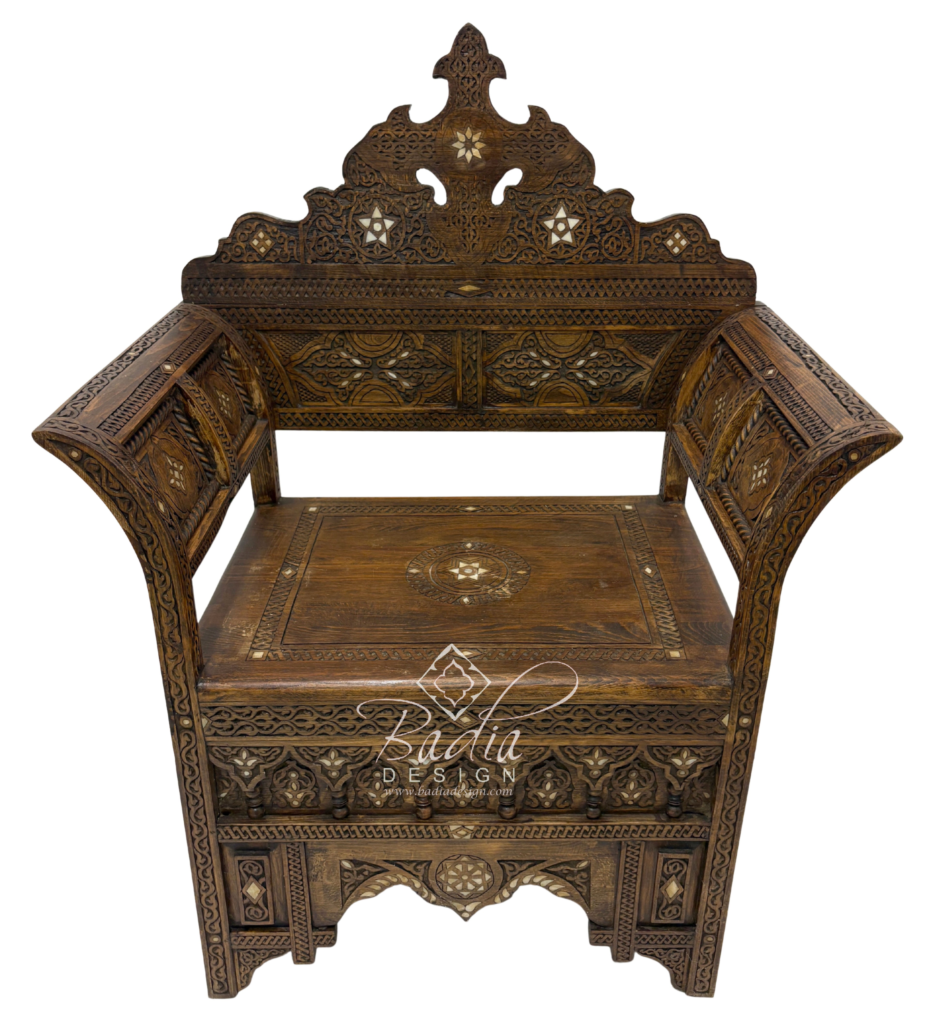 Moroccan Hand Carved Wooden Chair with Mother of Pearl Inlay