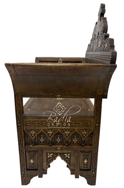 Hand Carved Wooden Chair with Mother of Pearl Inlay