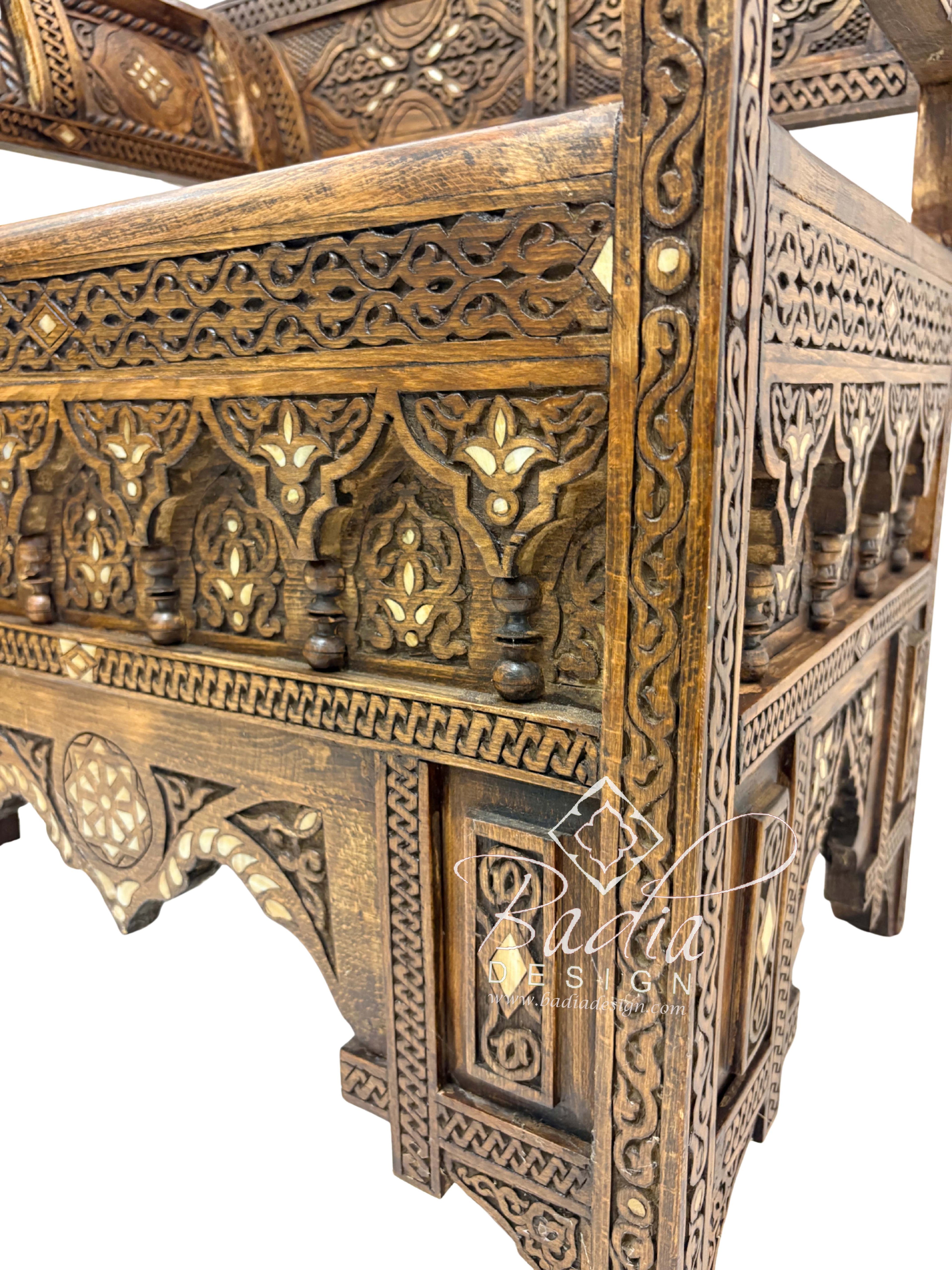Hand Carved Wooden Chair with Mother of Pearl Inlay
