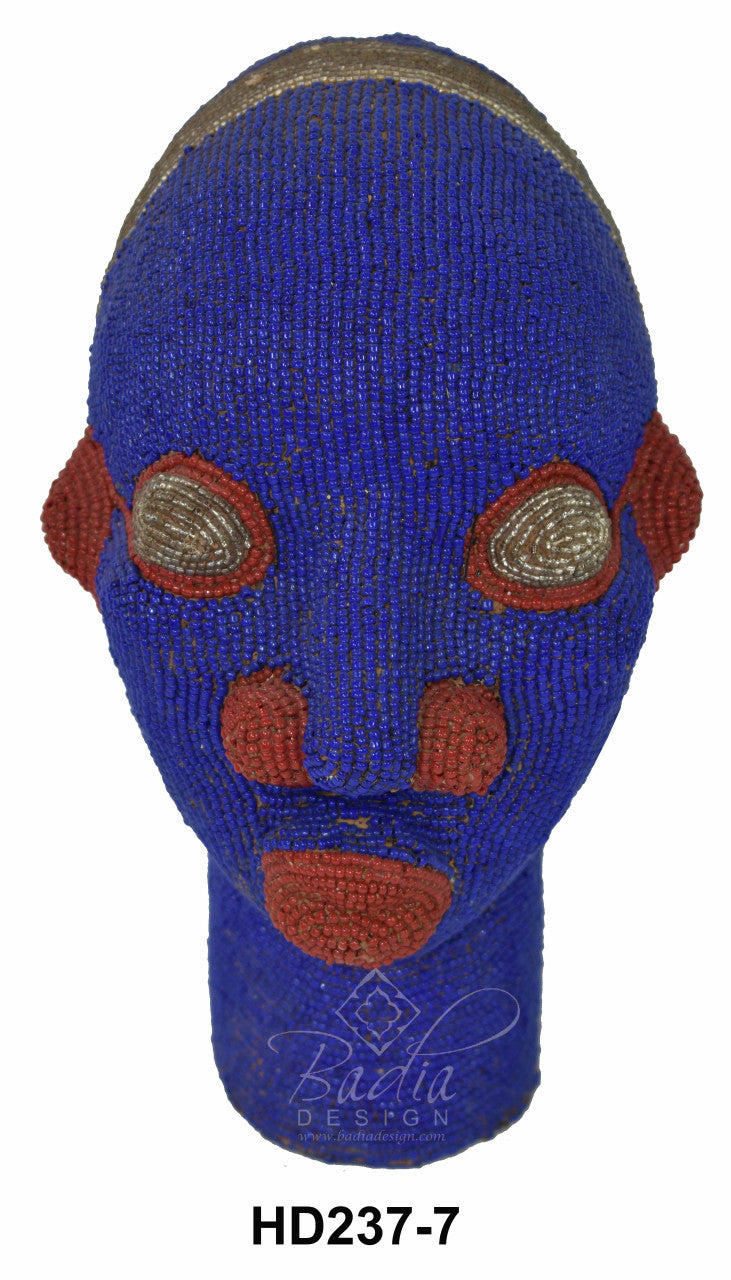 Vivid Color African Handmade Beaded Head Sculptures with blue and red colors