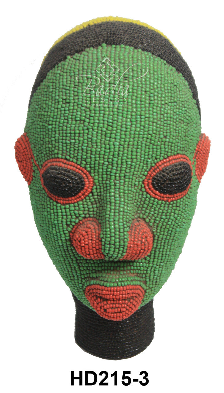 Green beaded African head with red accents on a white background