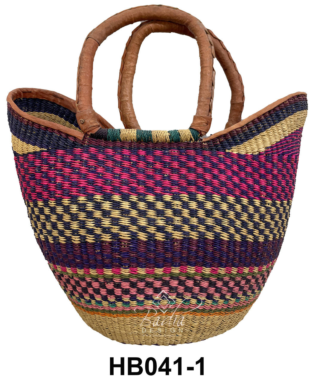Woven raffia handbag with colorful patterns and leather handles.