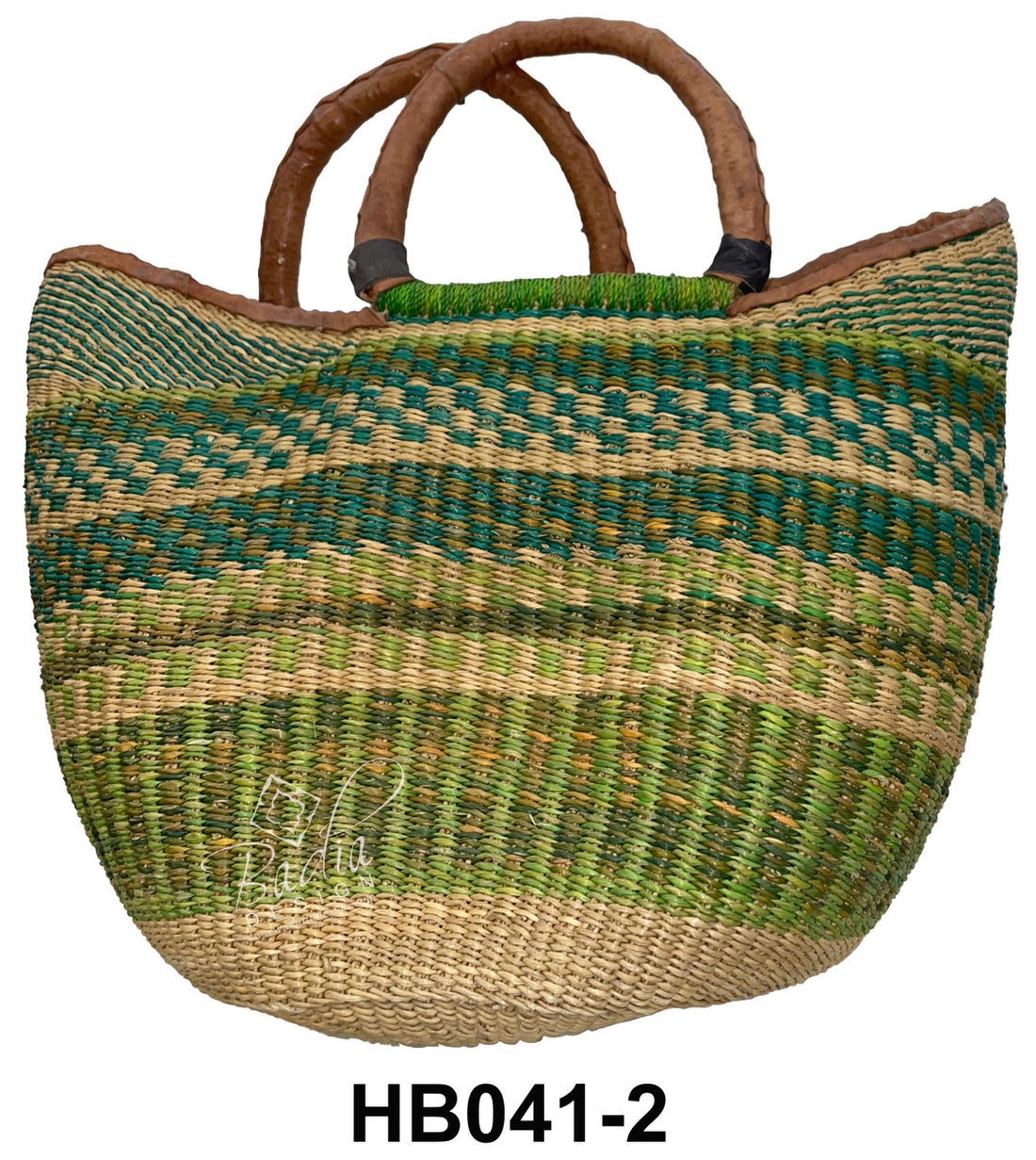 Woven raffia handbag with green colorful patterns and leather handles.