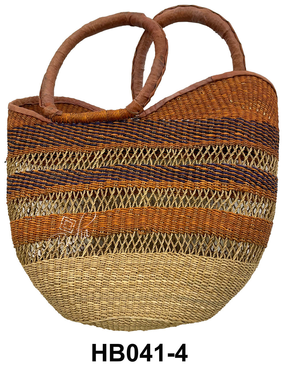 Woven raffia handbag with orange colorful patterns and leather handles.