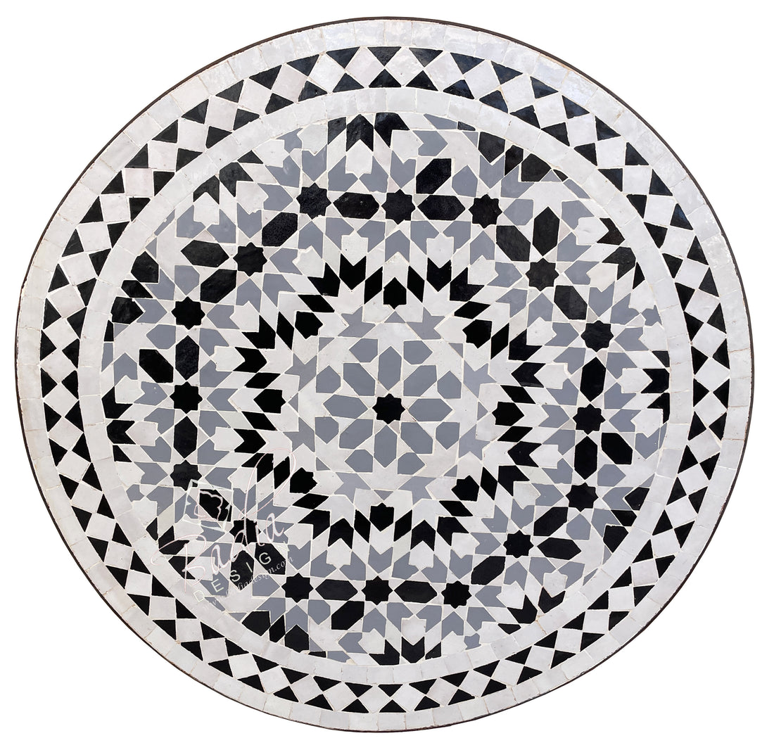 Intricately Designed Round Black and White Moroccan Tile Table Top