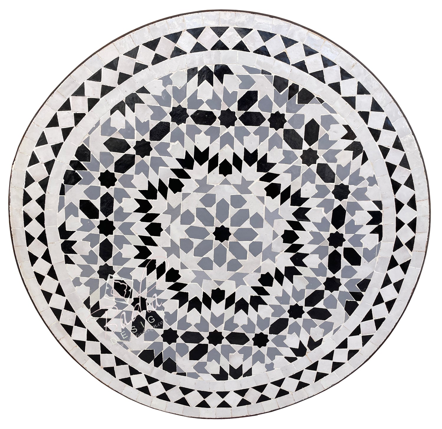 Intricately Designed Round Black and White Moroccan Tile Table Top