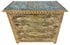 A distressed vintage-style wooden chest with a weathered brown and gold finish, featuring carved geometric diamond patterns and ornate gold-toned handles on the front, set against a plain white background.