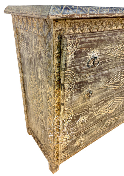 Aged Hand-Carved Four-Drawer Dresser