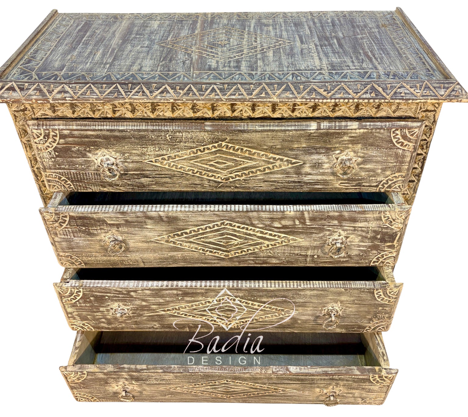 Aged Hand-Carved Four-Drawer Dresser
