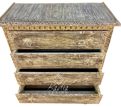 Aged Hand-Carved Four-Drawer Dresser