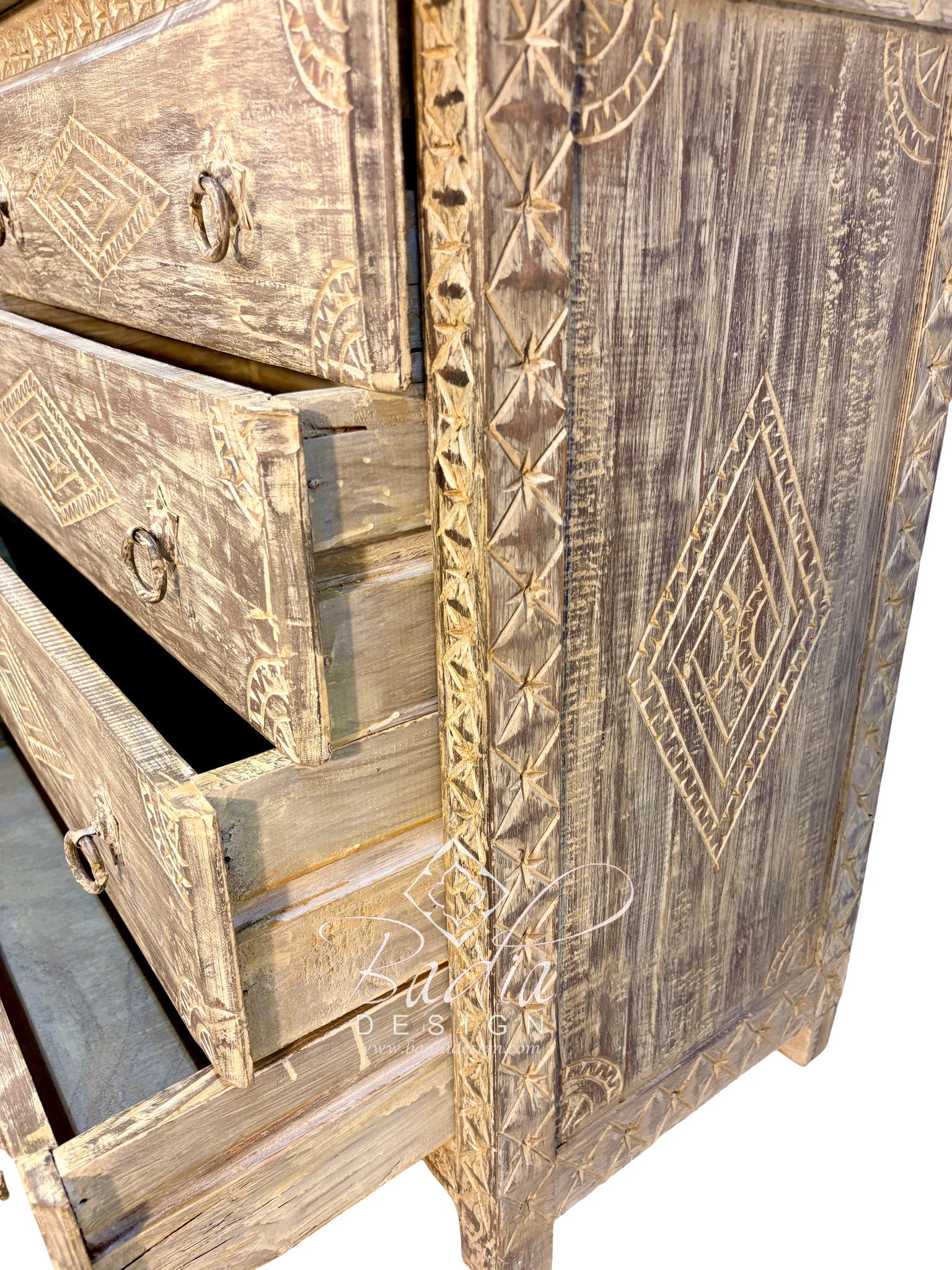 Aged Hand-Carved Four-Drawer Dresser