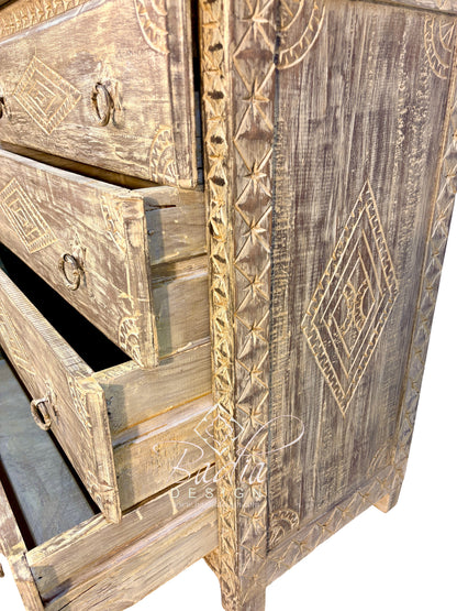 Aged Hand-Carved Four-Drawer Dresser