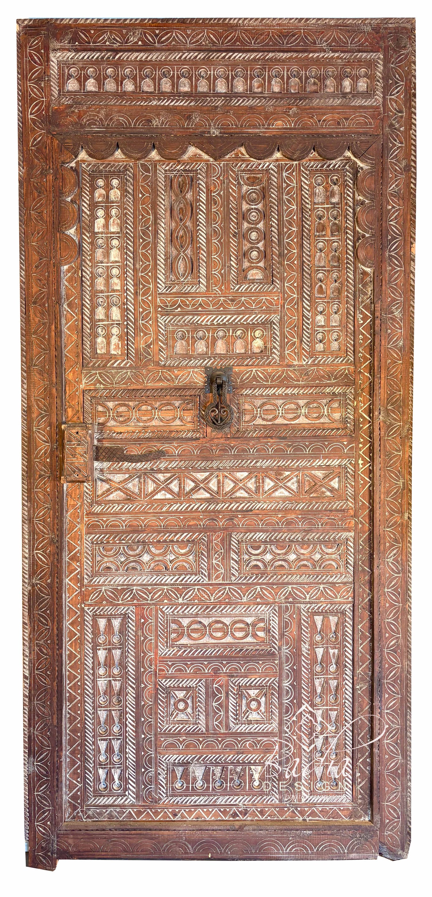 Traditional Moroccan Wooden Door with Detailed Hand Carved Motifs