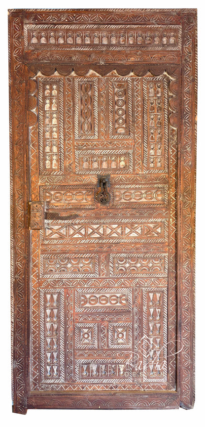 Traditional Moroccan Wooden Door with Detailed Hand Carved Motifs