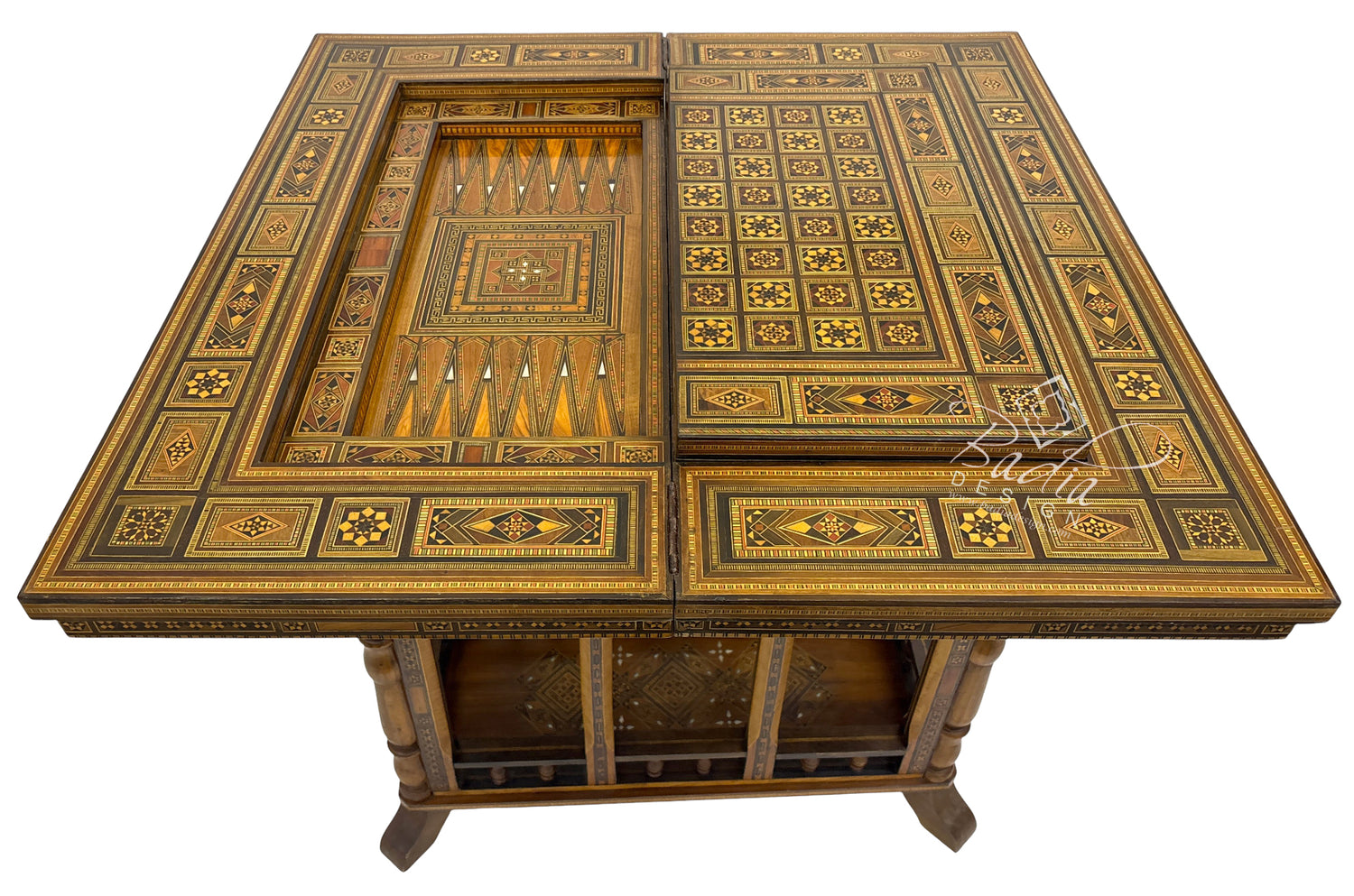 Inlaid Syrian Design Backgammon Game Table with Maroon Interior