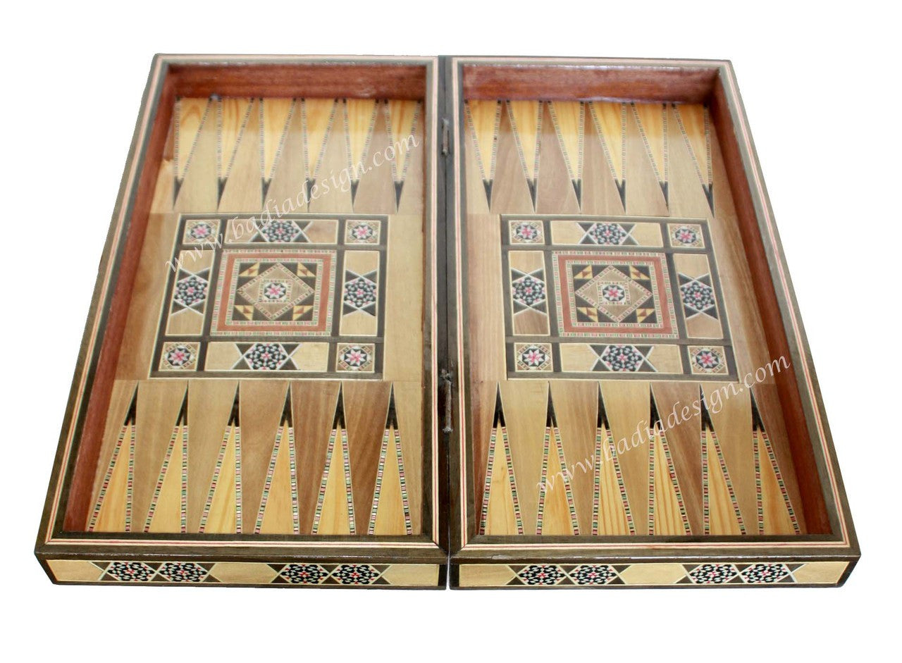 Backgammon set with decorative design on a white background