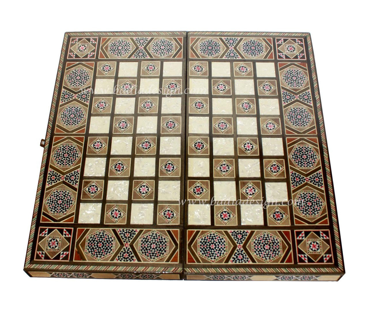 Decorative checkers board with geometric patterns on a white background