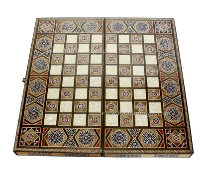 Decorative checkers board with geometric patterns on a white background
