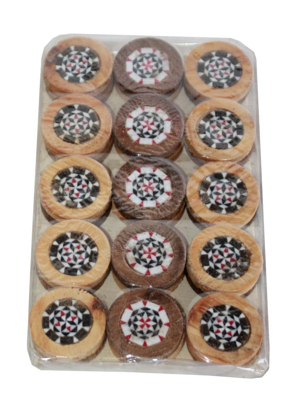 Set of wooden checkers with geometric patterns on a clear plastic tray