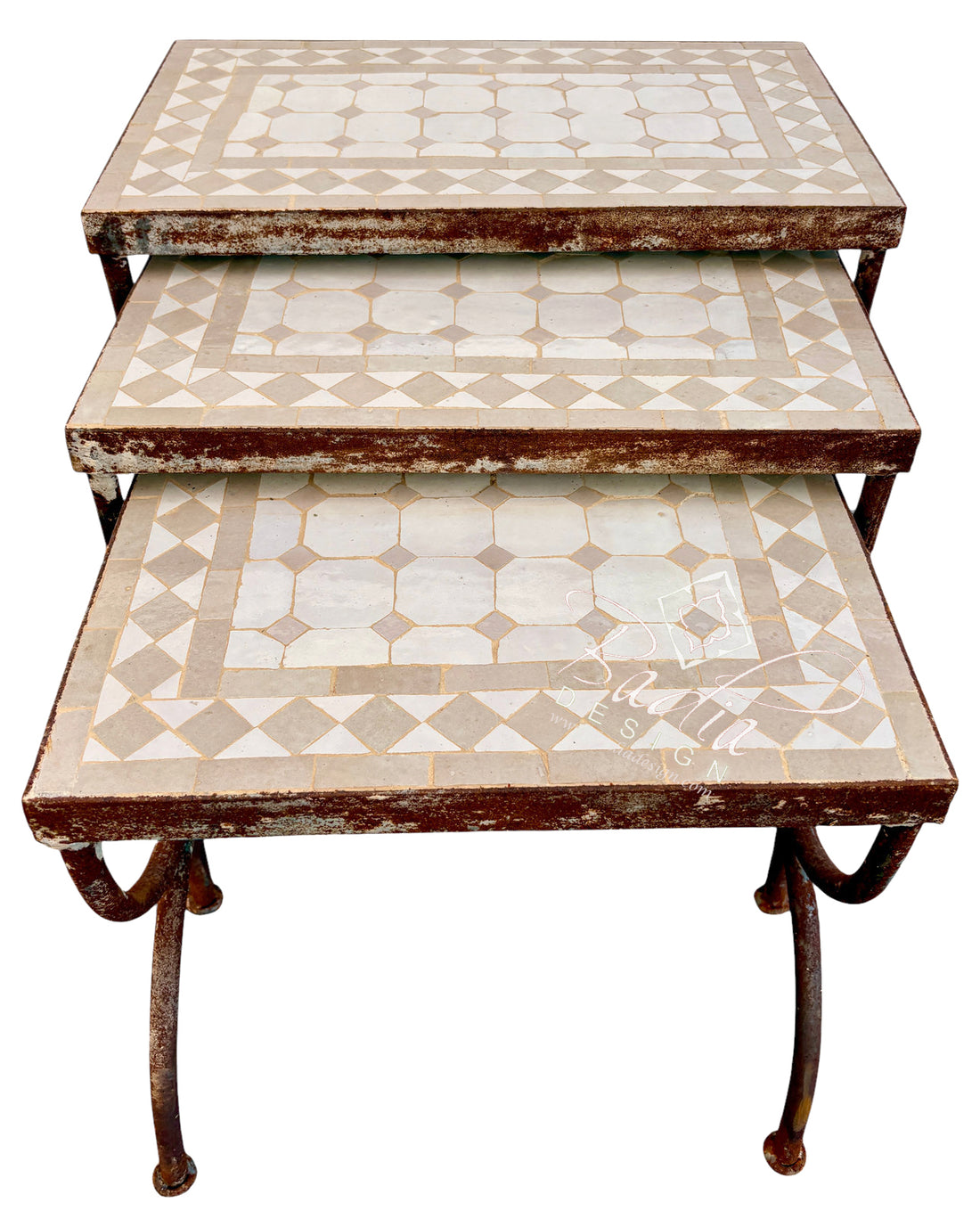 A three-tier nesting side table with distressed brown metal frames and patterned mosaic tile tops in cream and beige, isolated on a white background.