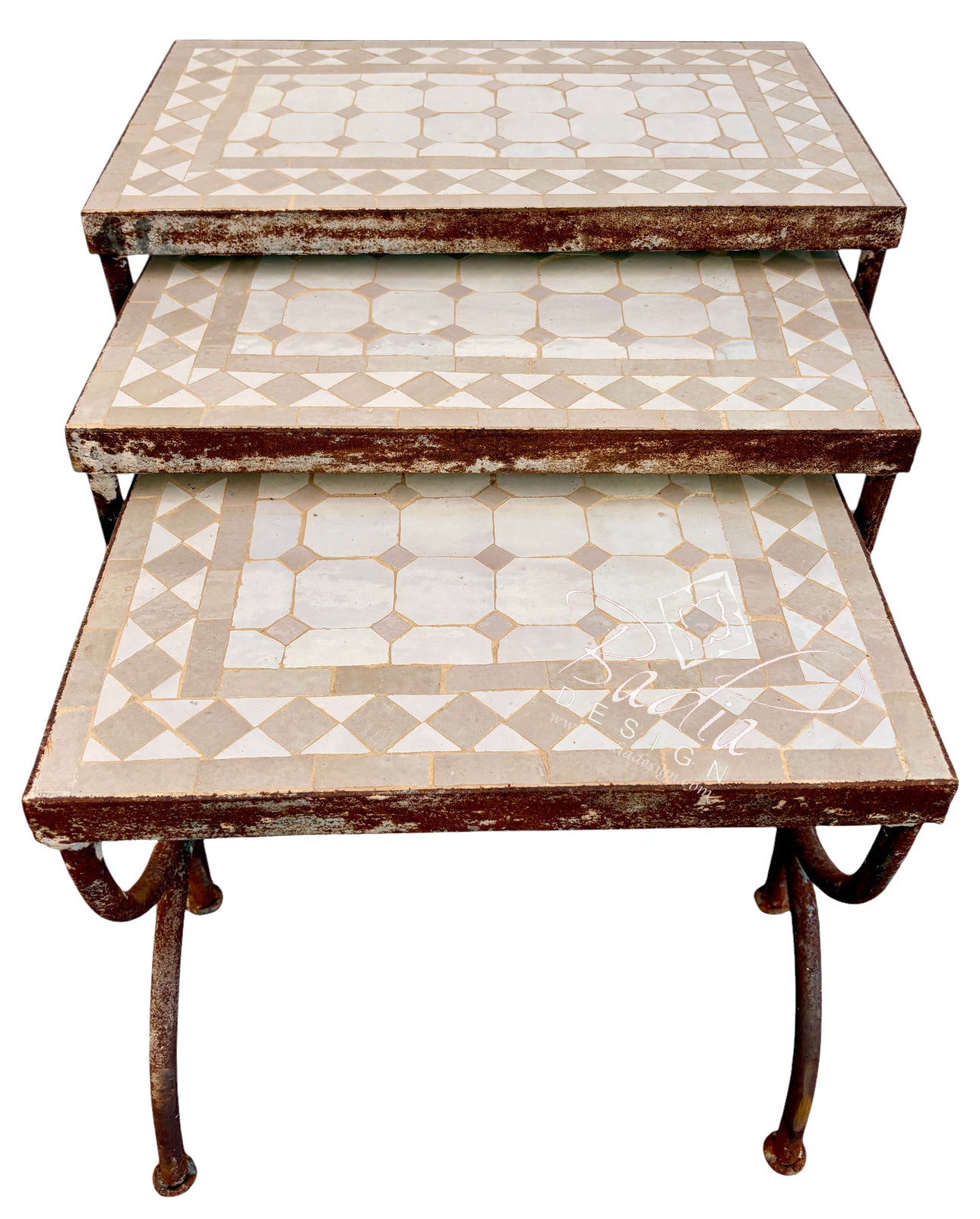 A three-tier nesting side table with distressed brown metal frames and patterned mosaic tile tops in cream and beige, isolated on a white background.